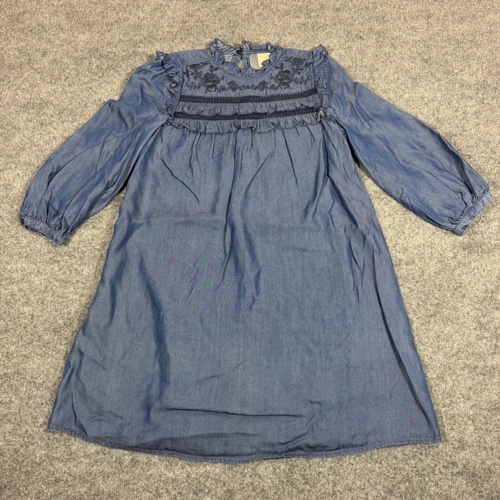 Kate Spade Denim Dress Embroidered Ruffle Trim Women XS Blue Cotton Chambray GUC